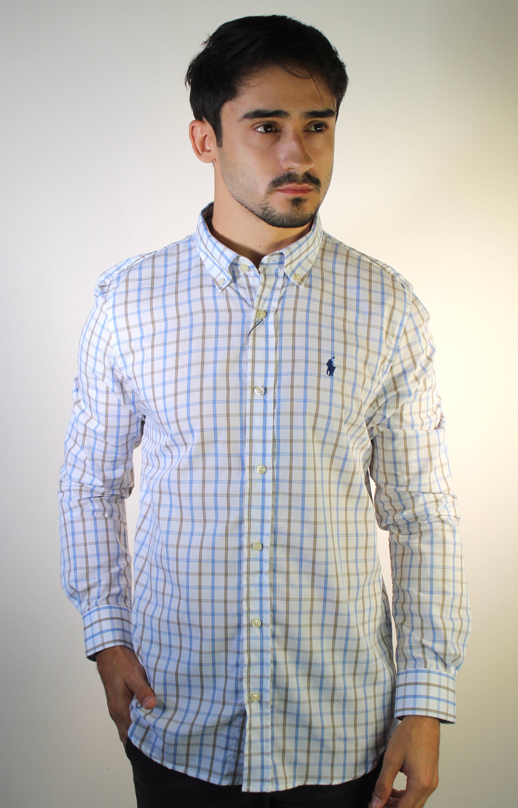 Camisa Social RL Manga Longa - Xadrez Azul e Bege