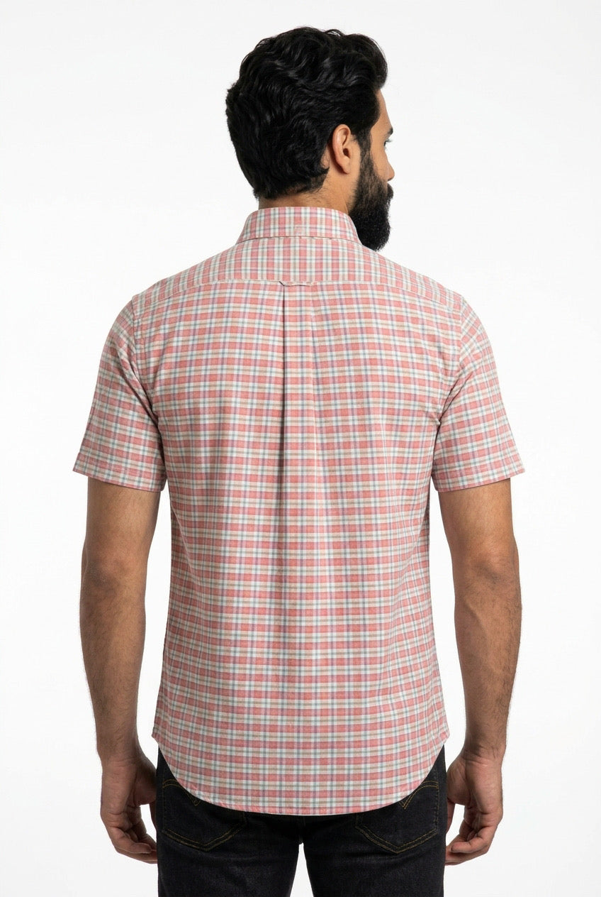 Camisa Social Manga Curta RL - Xadrez Rosewood Grid Rosa