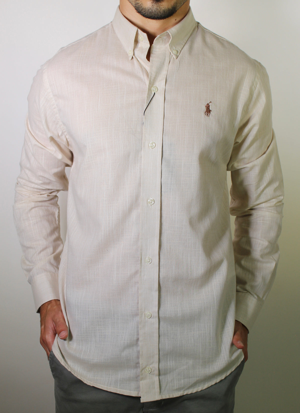 Camisa RL Manga Longa Linho - Palha Small Pony Marrom