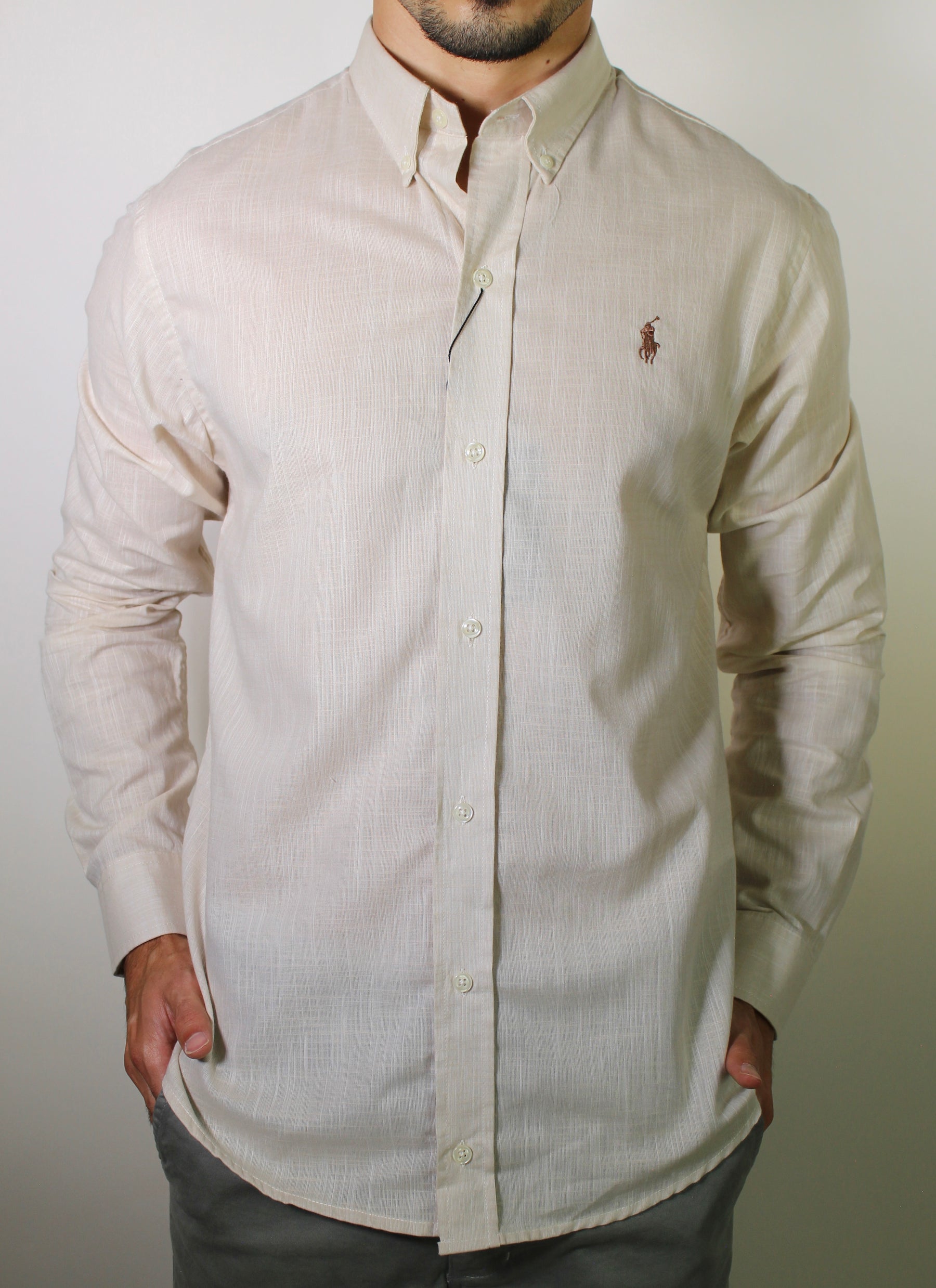 Camisa RL Manga Longa Linho - Palha Small Pony Marrom