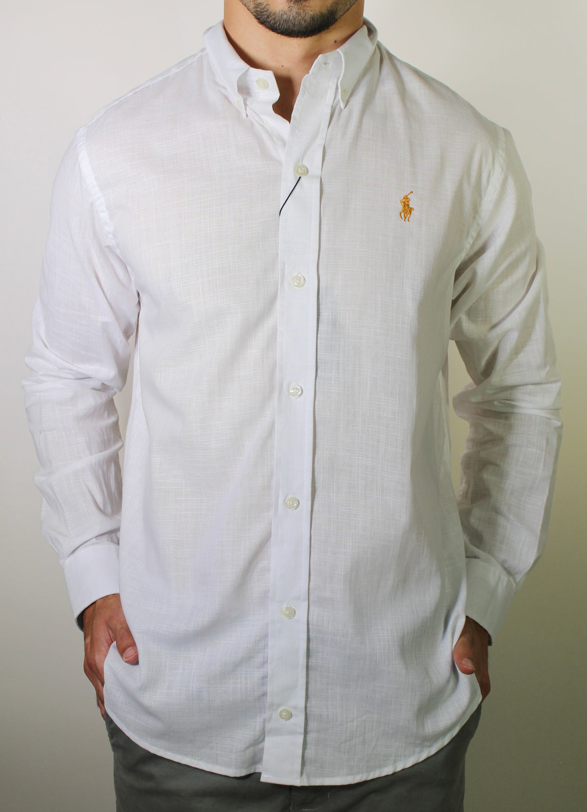 Camisa RL Manga Longa Linho - Branca Small Pony Dourado