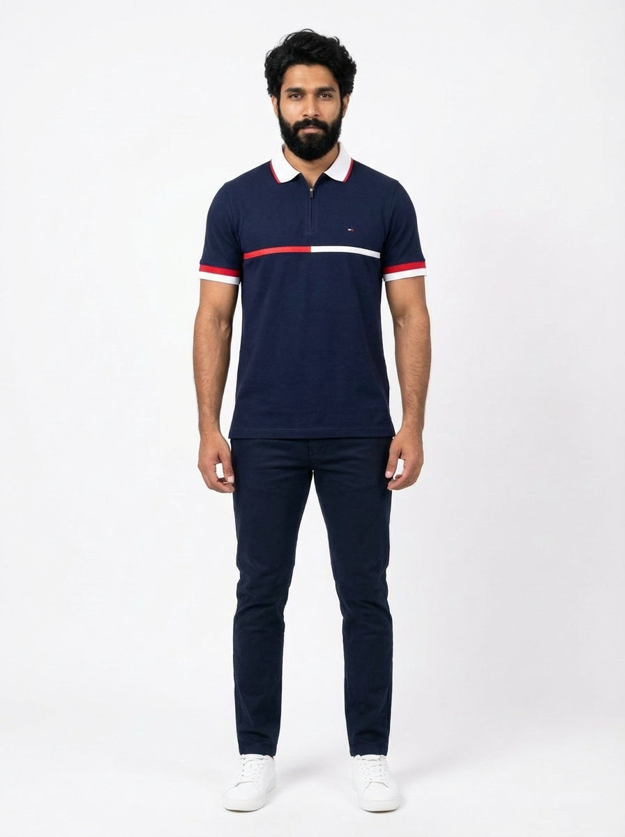 Camisa Gola Polo TH Stripe Zipper - Azul Marinho