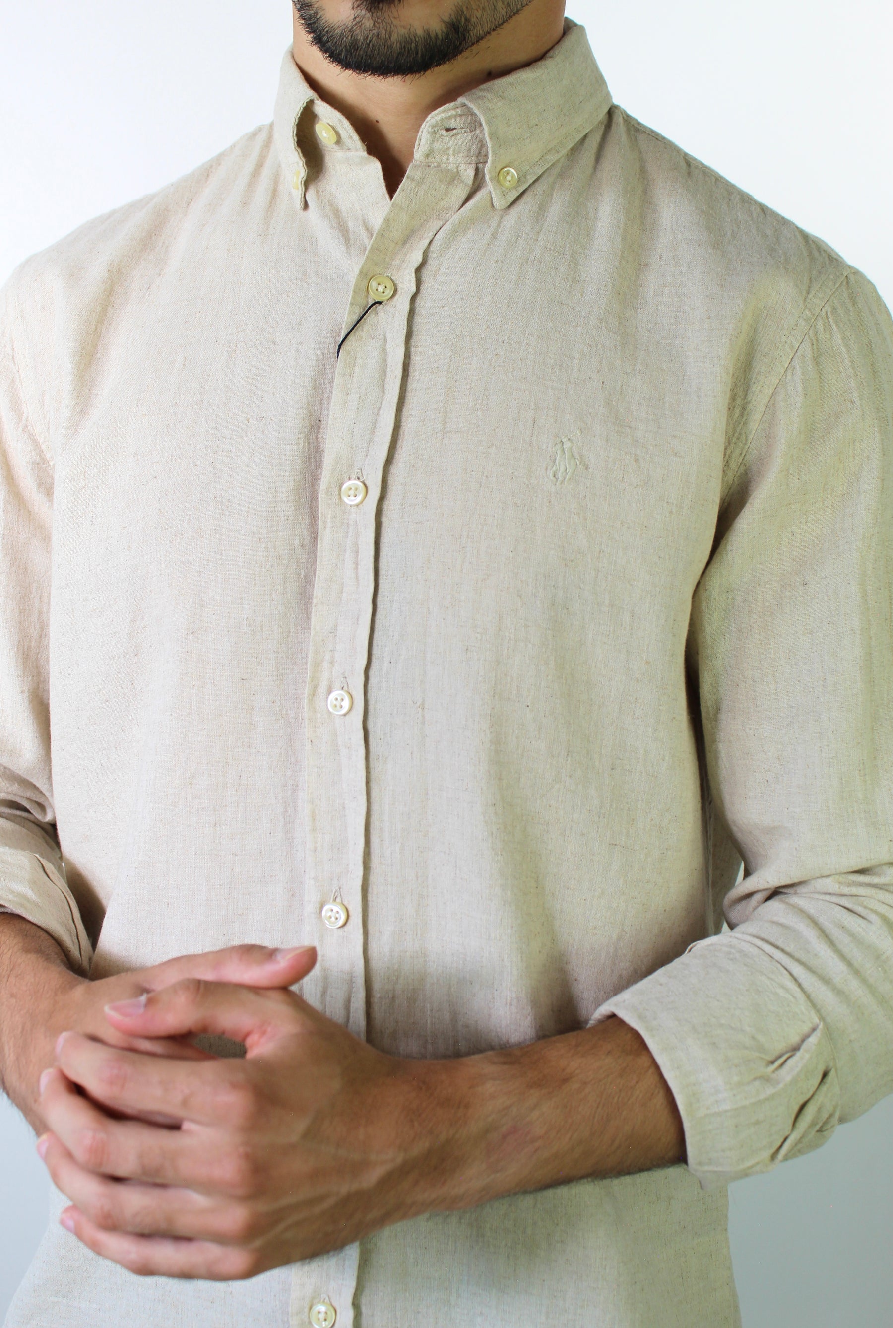 Camisa RL Manga Longa Linho - Bege Natural Small Pony Monocromático