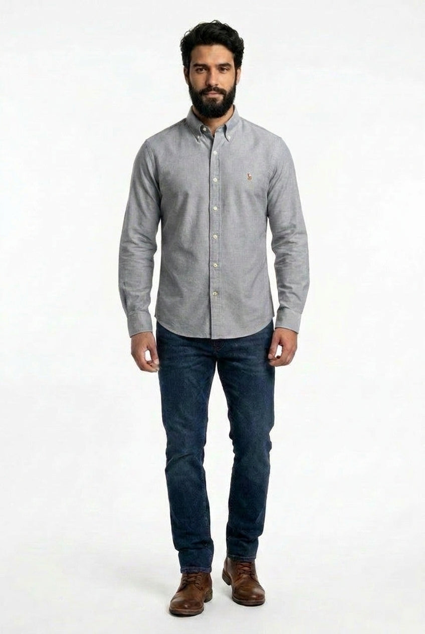 Camisa Social Lisa RL Manga Longa - Cinza Mescla
