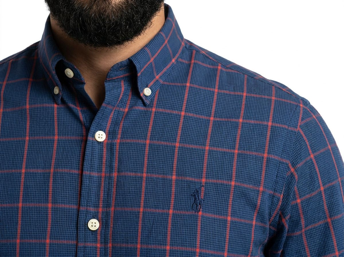 Camisa Social RL Longa - Xadrez Cambridge Azul Marinho e Vermelho