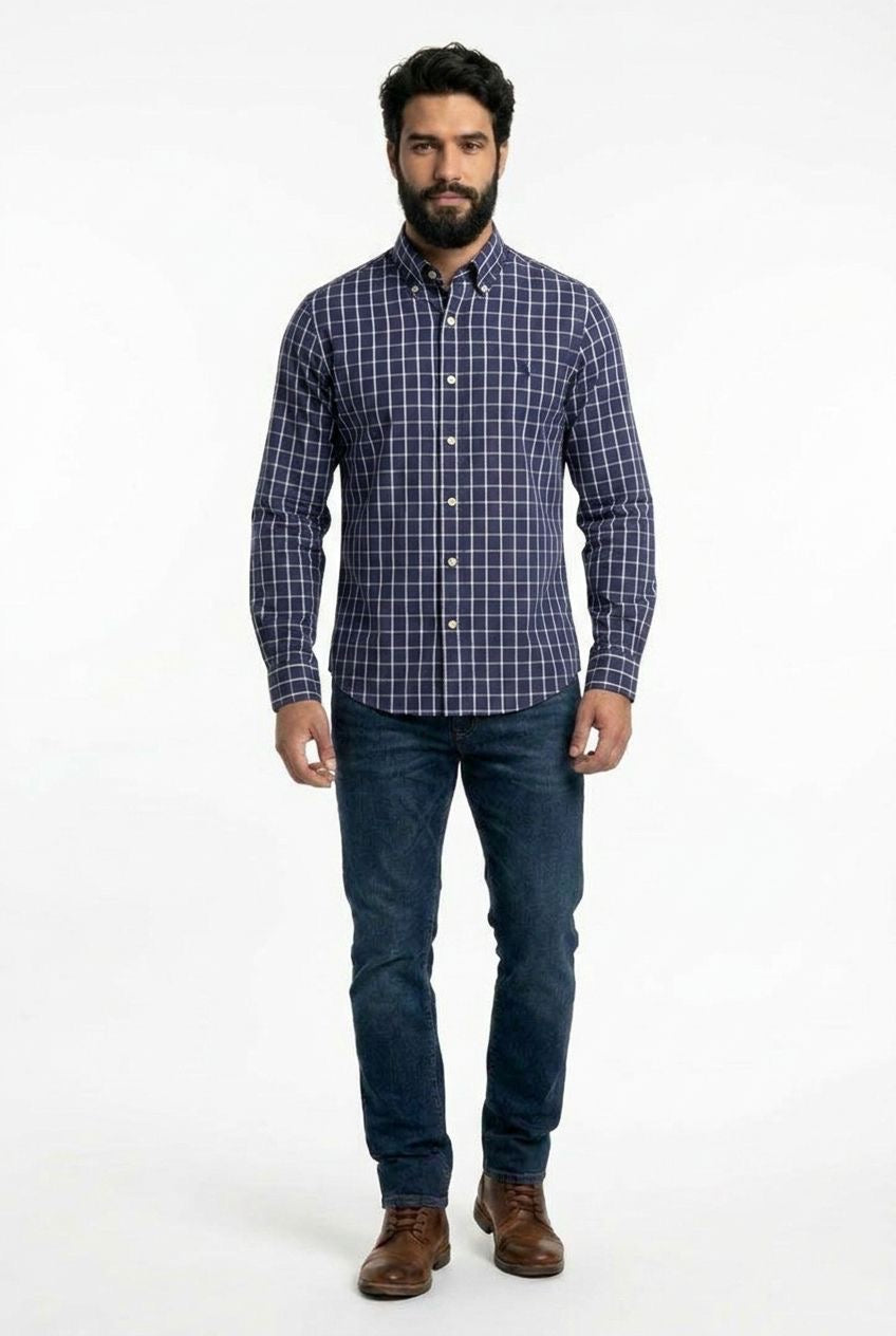 Camisa Social RL Longa - Xadrez Midtown Azul Marinho e Branco
