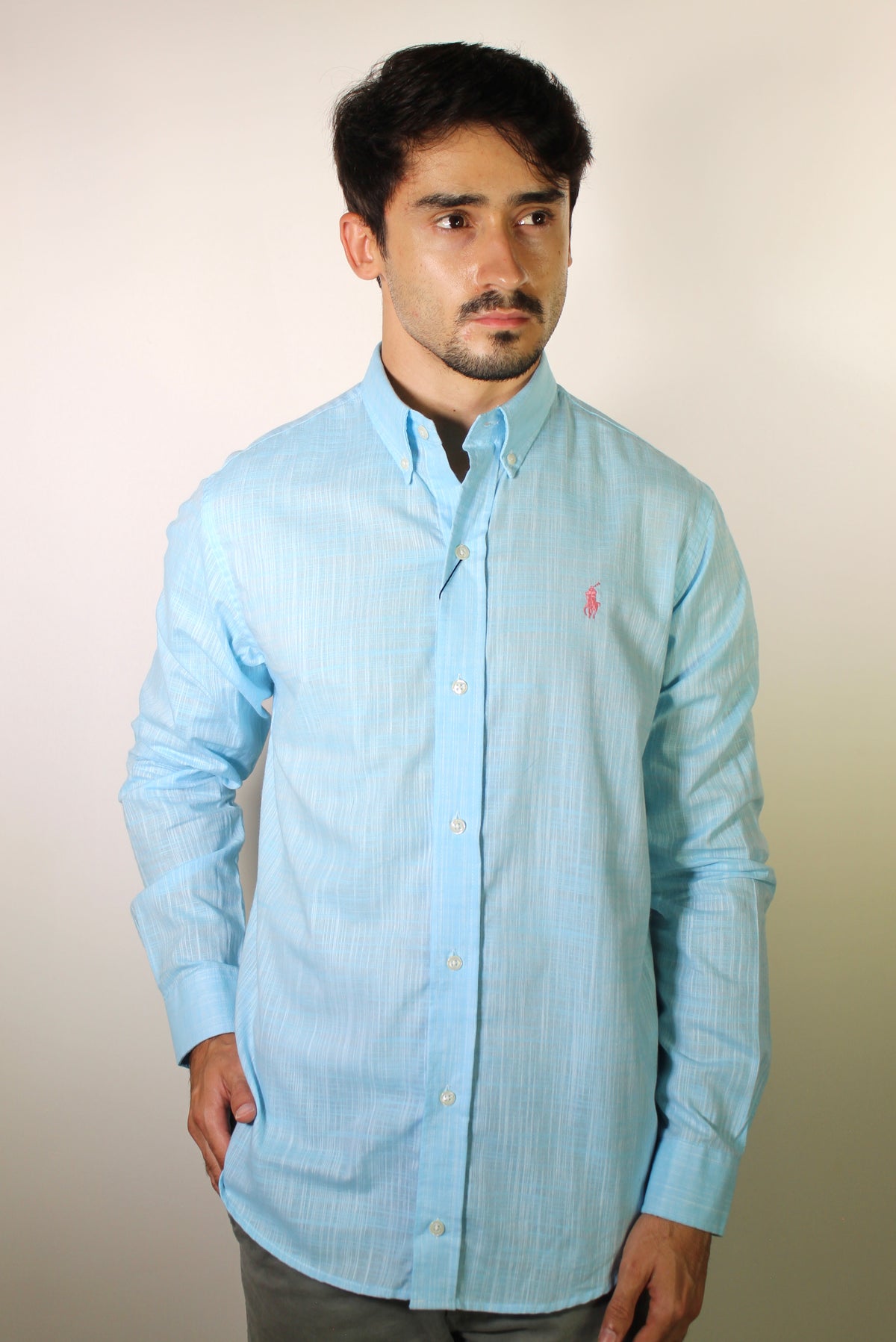 Camisa RL Manga Longa Linho - Azul Claro Small Pony Rosa