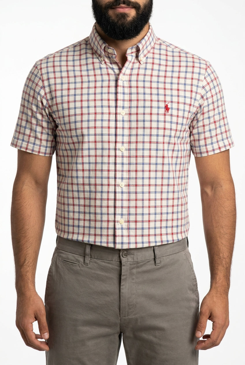 Camisa Social Manga Curta RL - Xadrez Boston Grid Azul e Vermelho