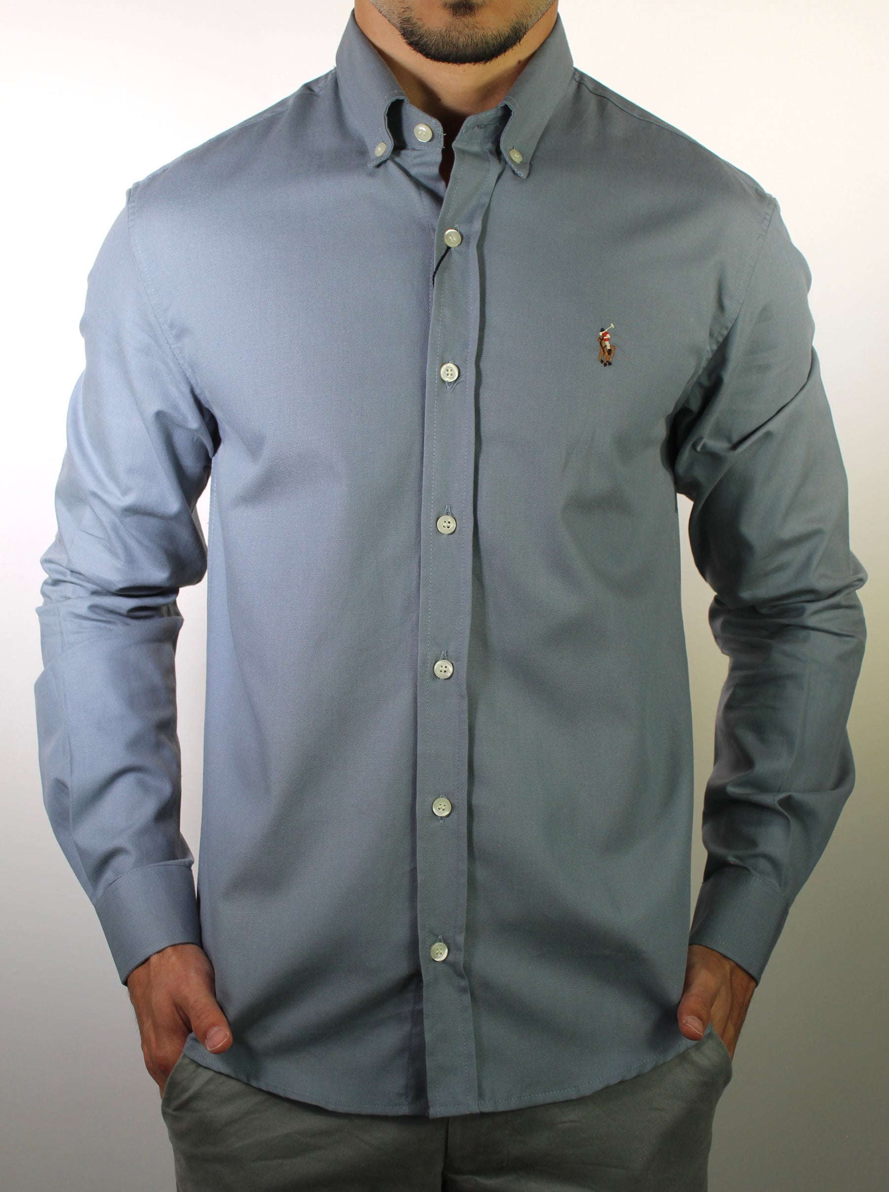 Camisa Social Lisa RL Manga Longa - Cinza Azulado