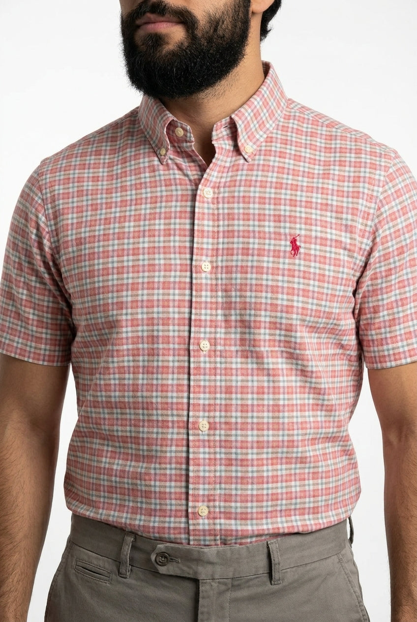 Camisa Social Manga Curta RL - Xadrez Rosewood Grid Rosa