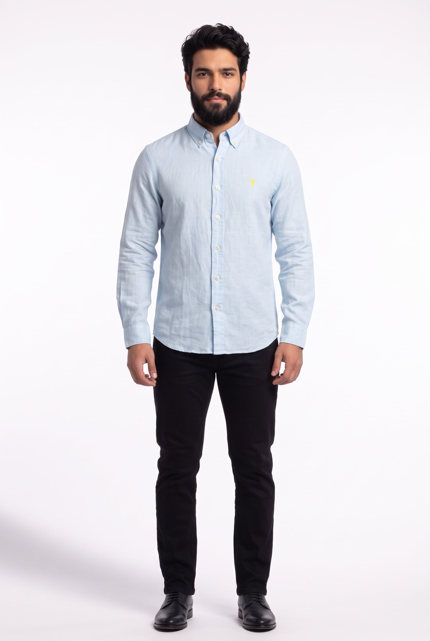 Camisa RL Longa Linho - Azul Claro Small Pony Amarelo