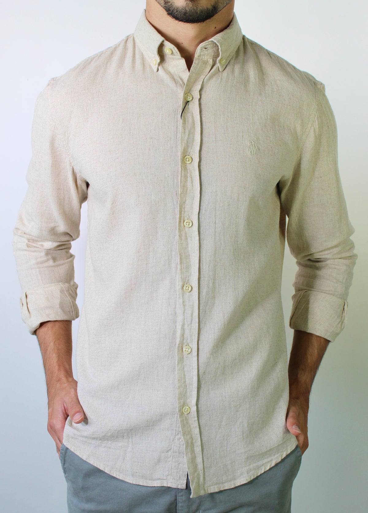 Camisa RL Manga Longa Linho - Bege Natural Small Pony Monocromático