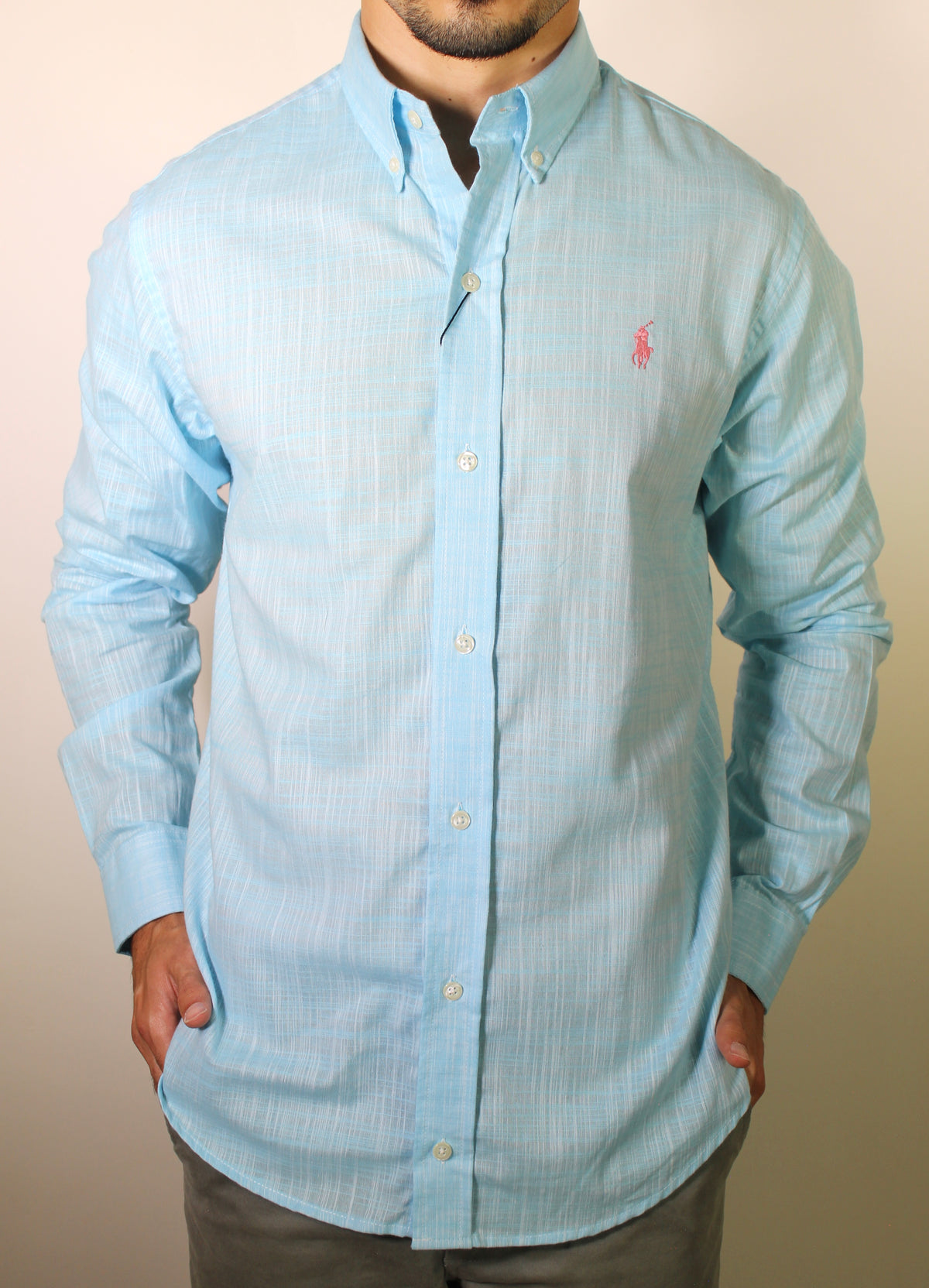 Camisa RL Manga Longa Linho - Azul Claro Small Pony Rosa