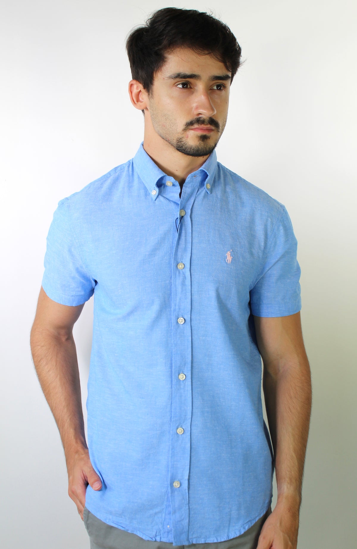 Camisa Manga Curta RL Linho - Azul Sky Small Pony Rosa