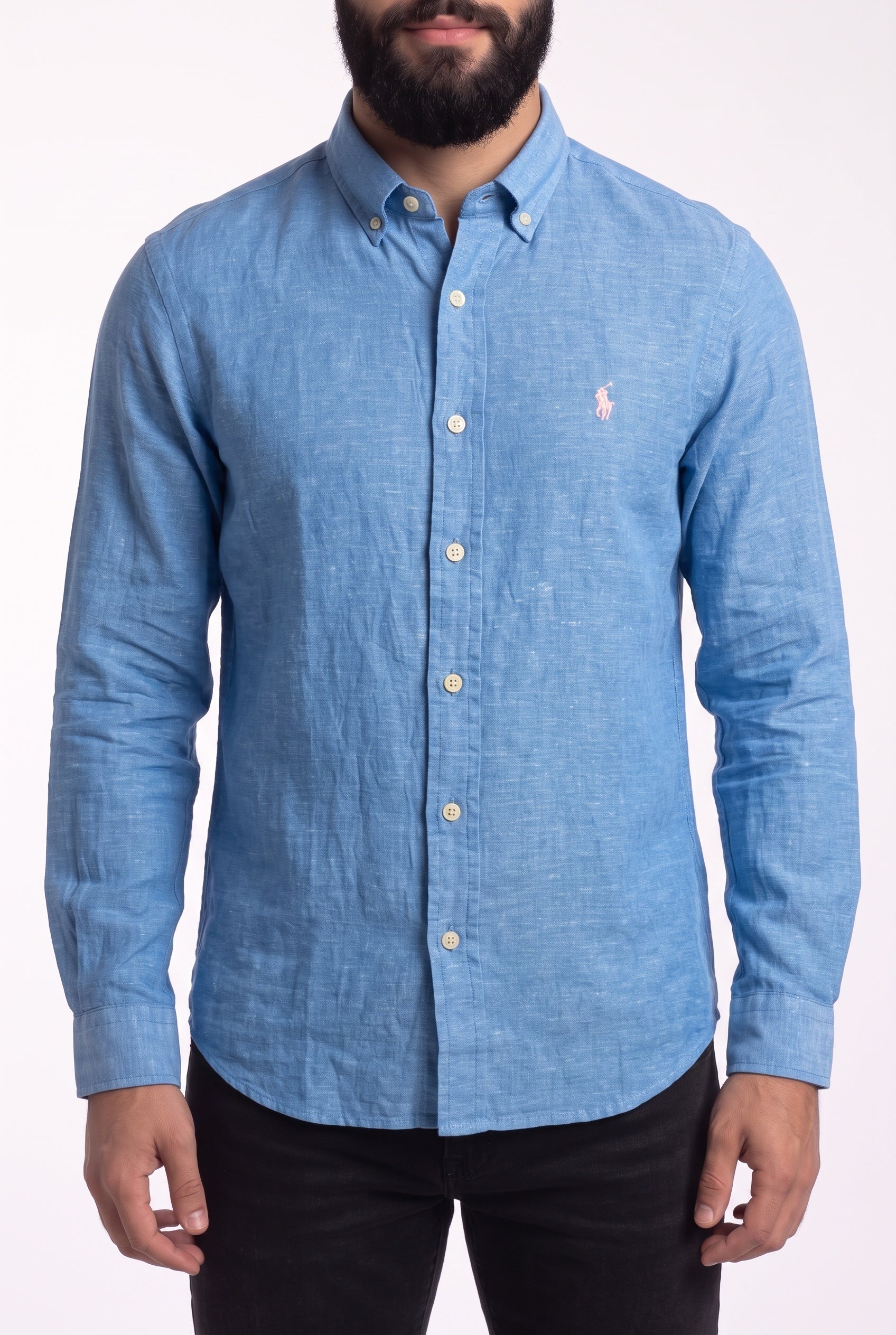Camisa RL Longa Linho - Azul Celeste Small Pony Rosa