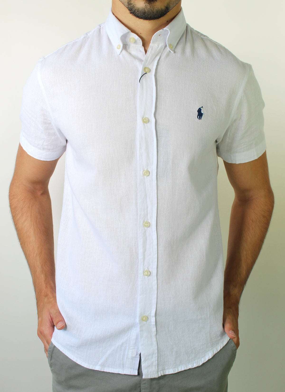 Camisa Manga Curta RL Linho - Branca Small Pony Azul Marinho