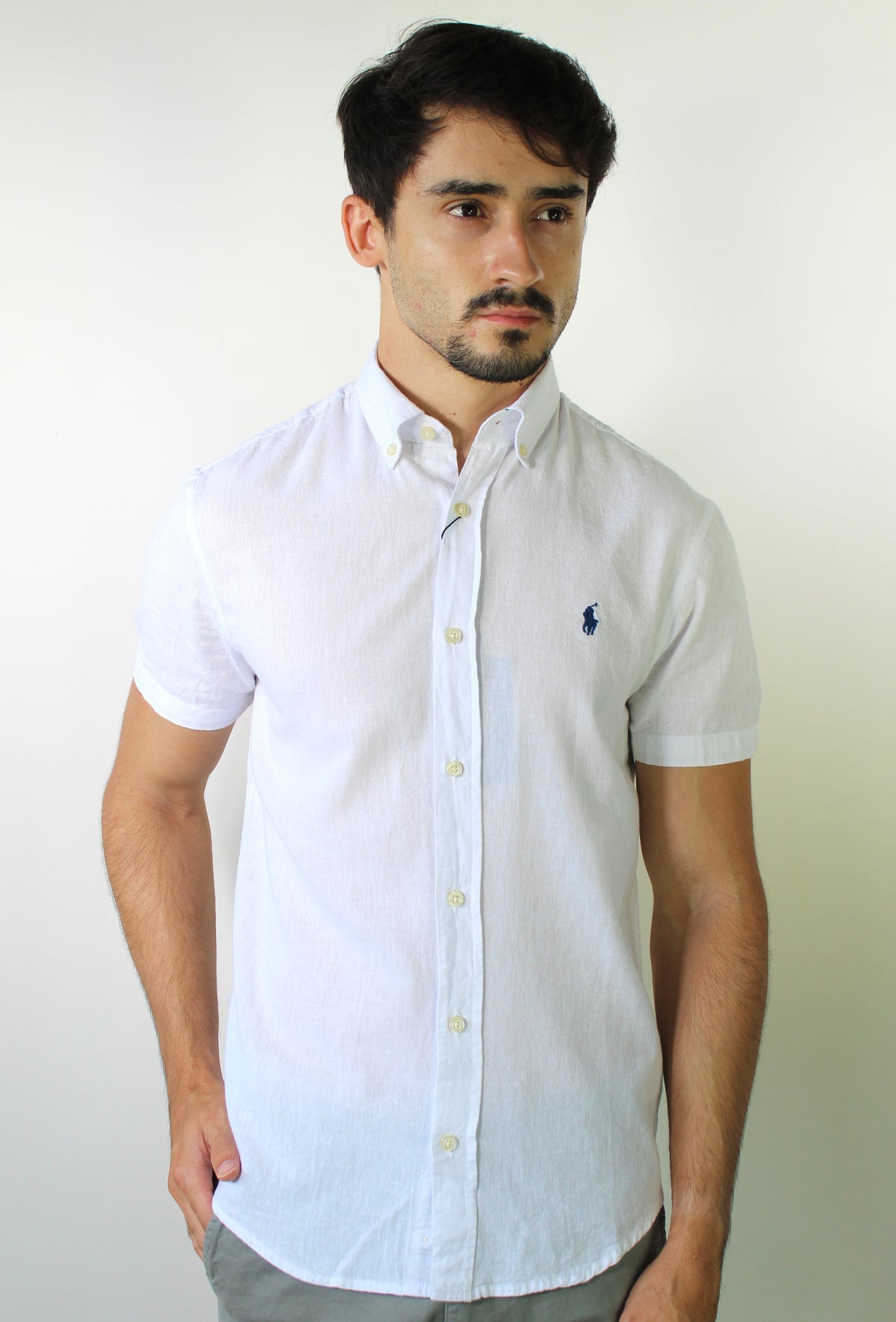 Camisa Manga Curta RL Linho - Branca Small Pony Azul Marinho