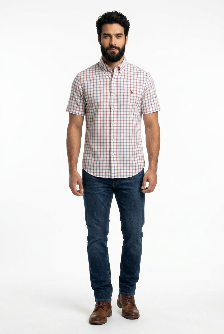 Camisa Social Manga Curta RL - Xadrez Boston Grid Azul e Vermelho