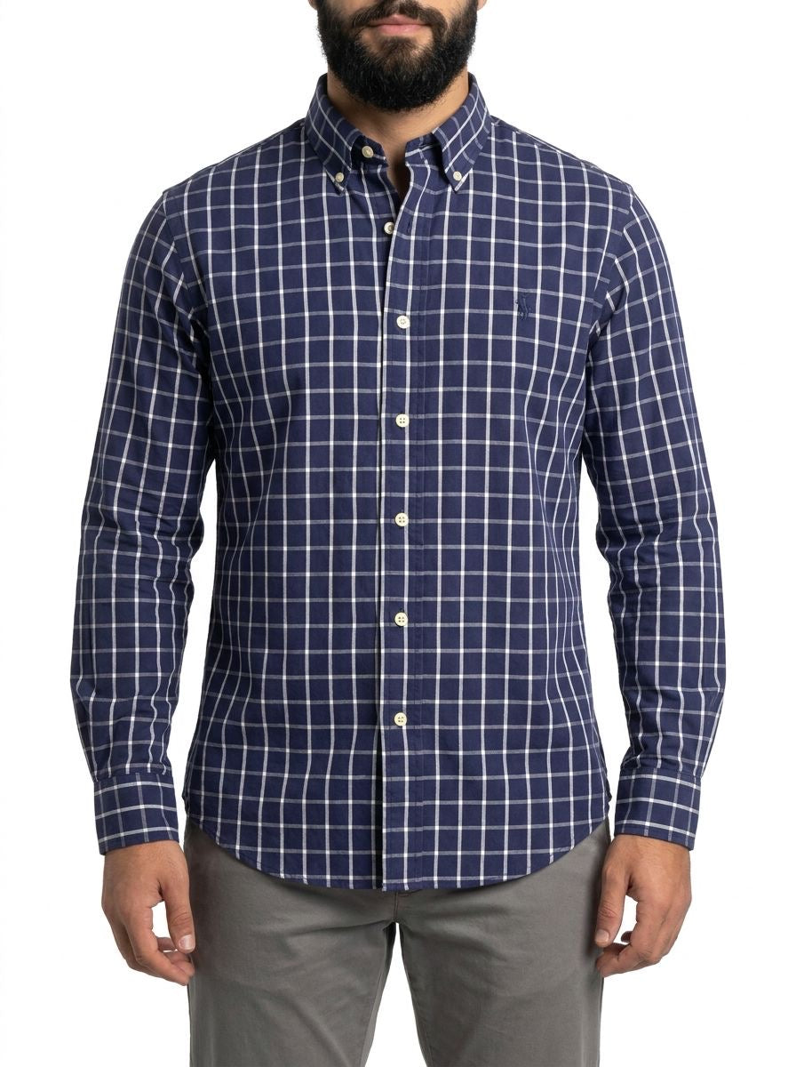 Camisa Social RL Longa - Xadrez Midtown Azul Marinho e Branco
