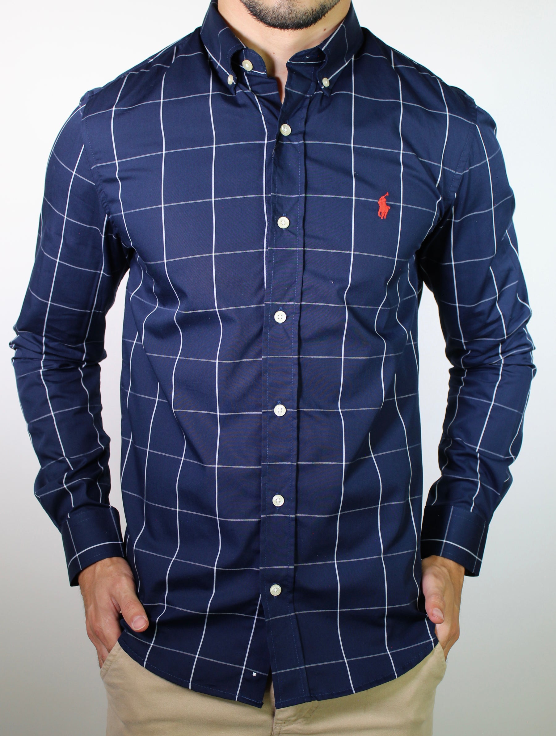 Camisa Social RL Manga Longa - Grid Style Xadrez Azul Marinho