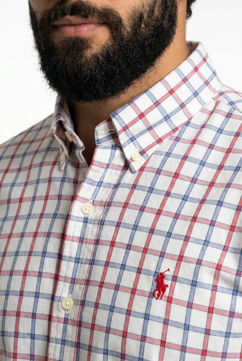 Camisa Social Manga Curta RL - Xadrez Boston Grid Azul e Vermelho