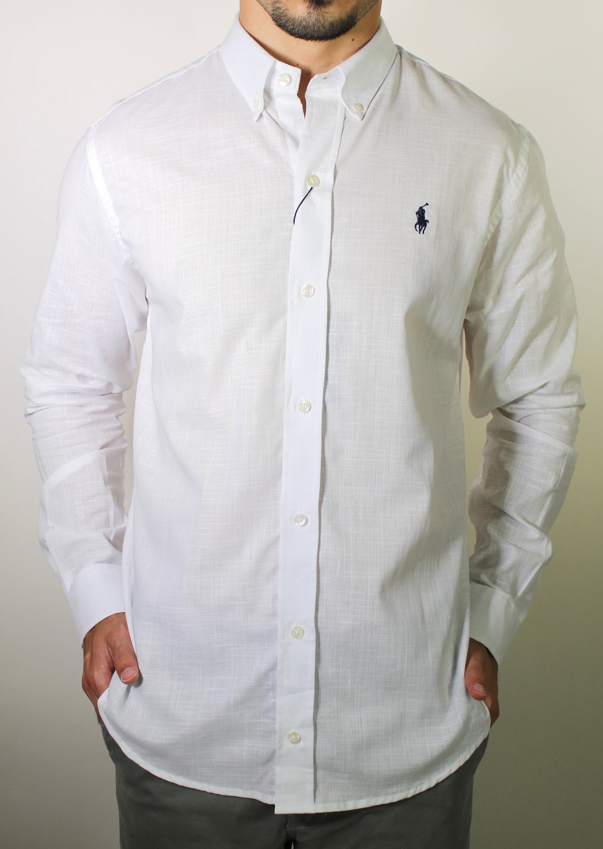 Camisa RL Manga Longa Linho - Branca Small Pony Azul Marinho