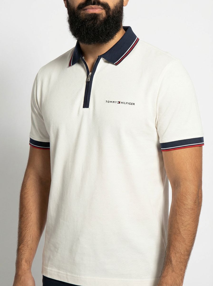Camisa Gola Polo TH Essence Striped Zip - Branca