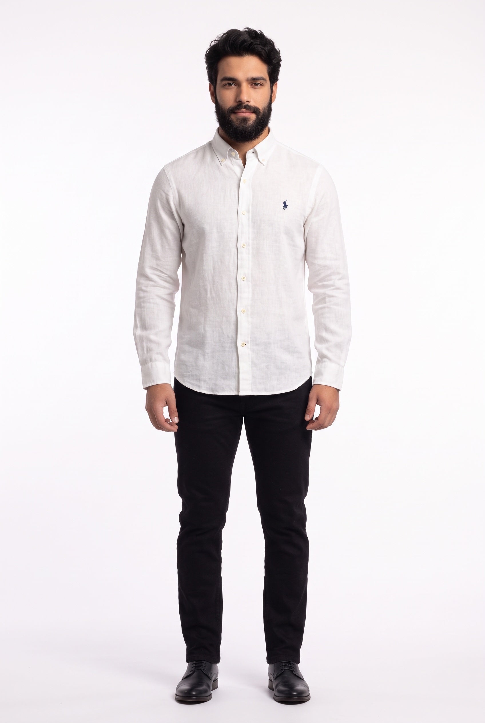Camisa RL Longa Linho - Branca Small Pony Azul Marinho