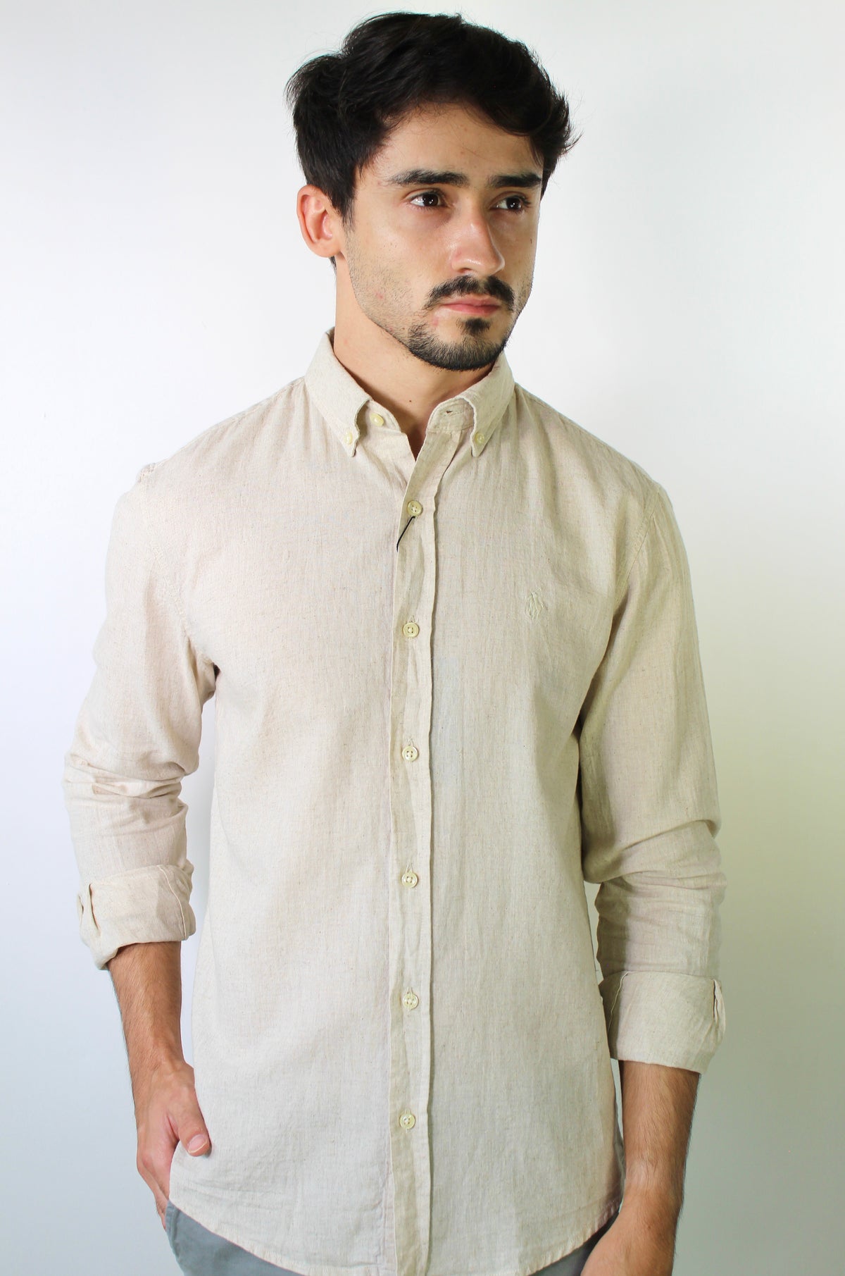 Camisa RL Manga Longa Linho - Bege Natural Small Pony Monocromático