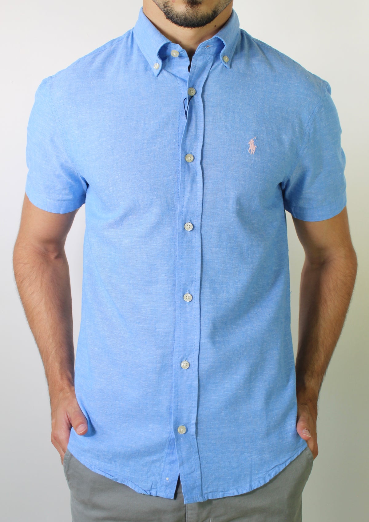 Camisa Manga Curta RL Linho - Azul Sky Small Pony Rosa