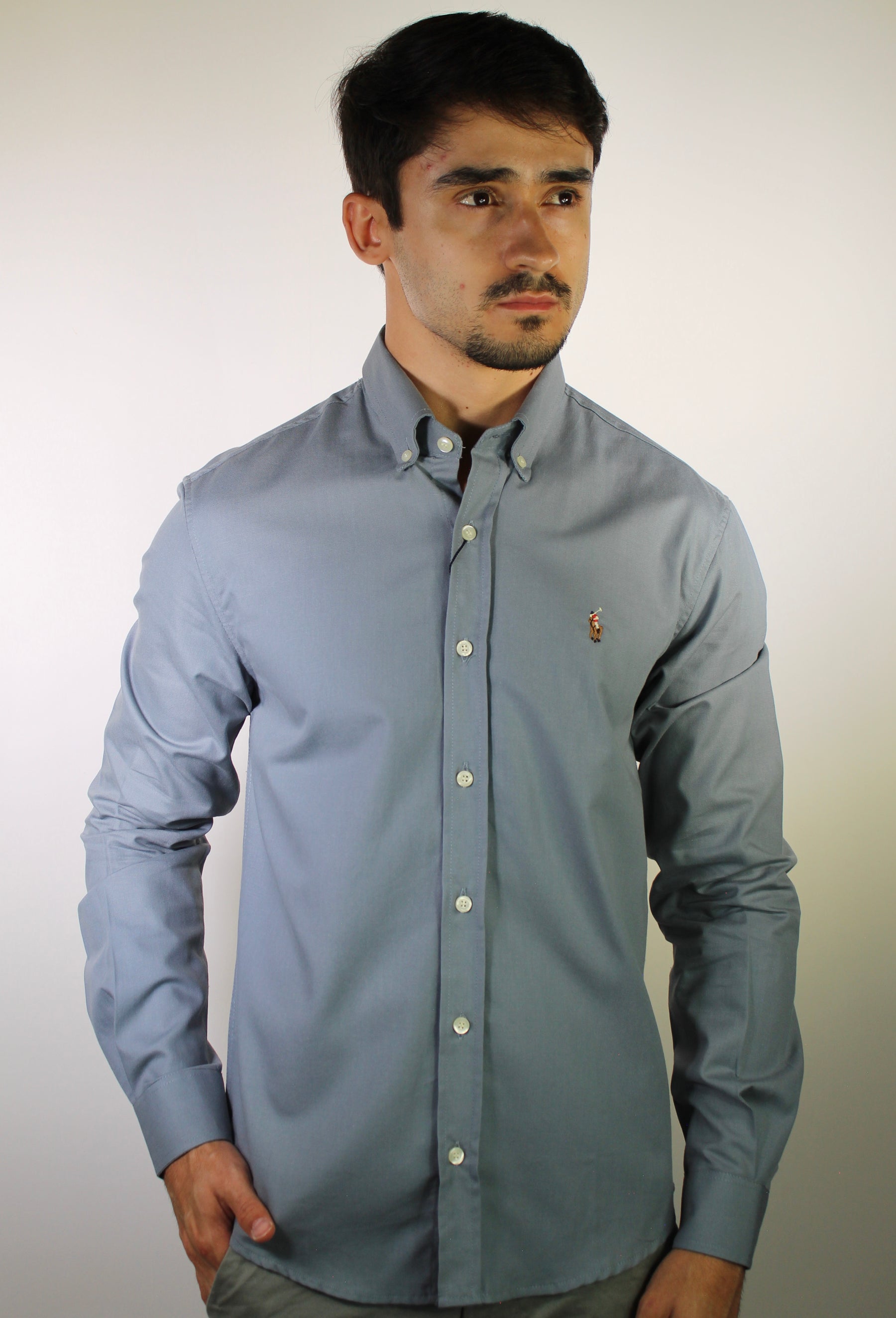 Camisa Social Lisa RL Manga Longa - Cinza Azulado