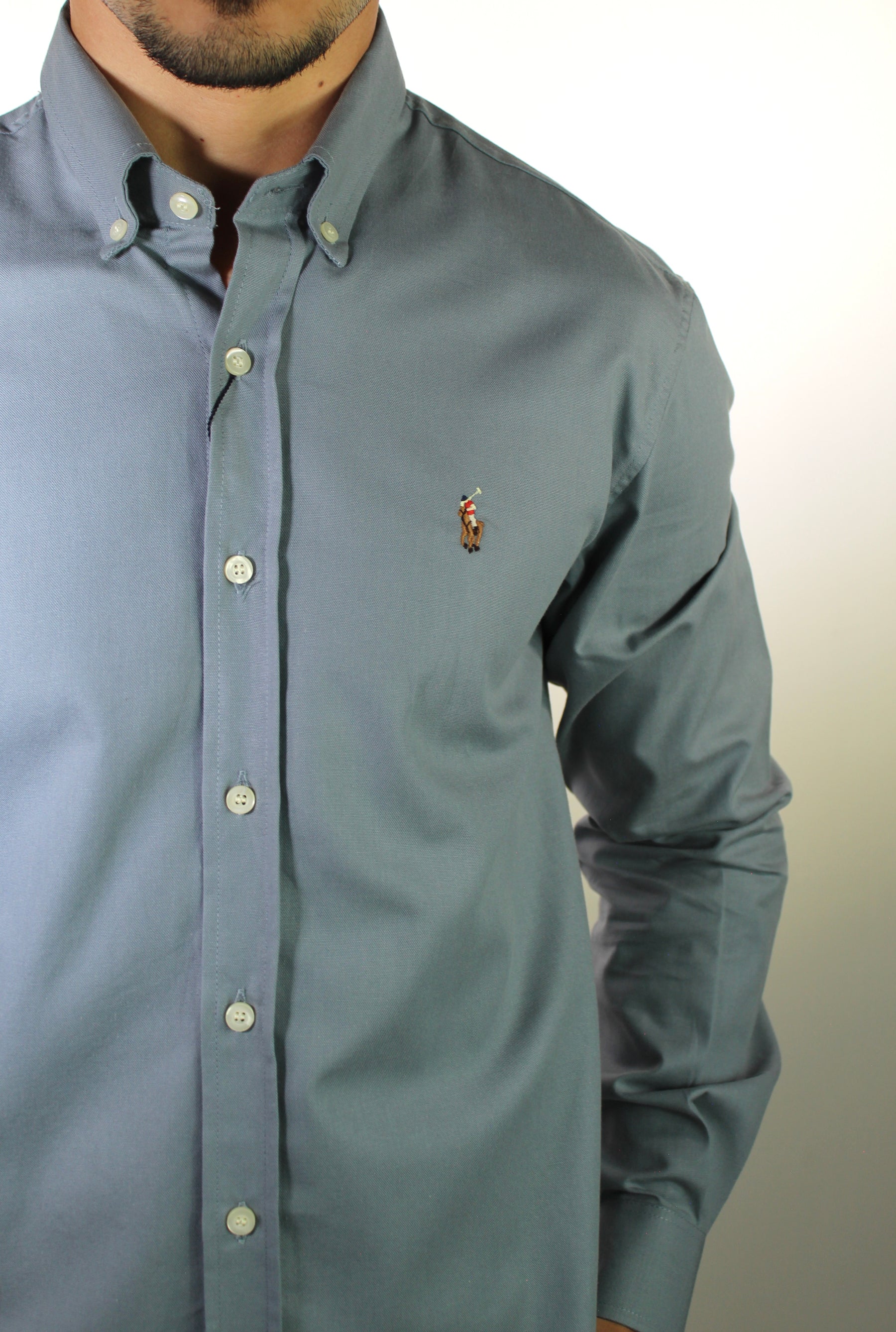 Camisa Social Lisa RL Manga Longa - Cinza Azulado