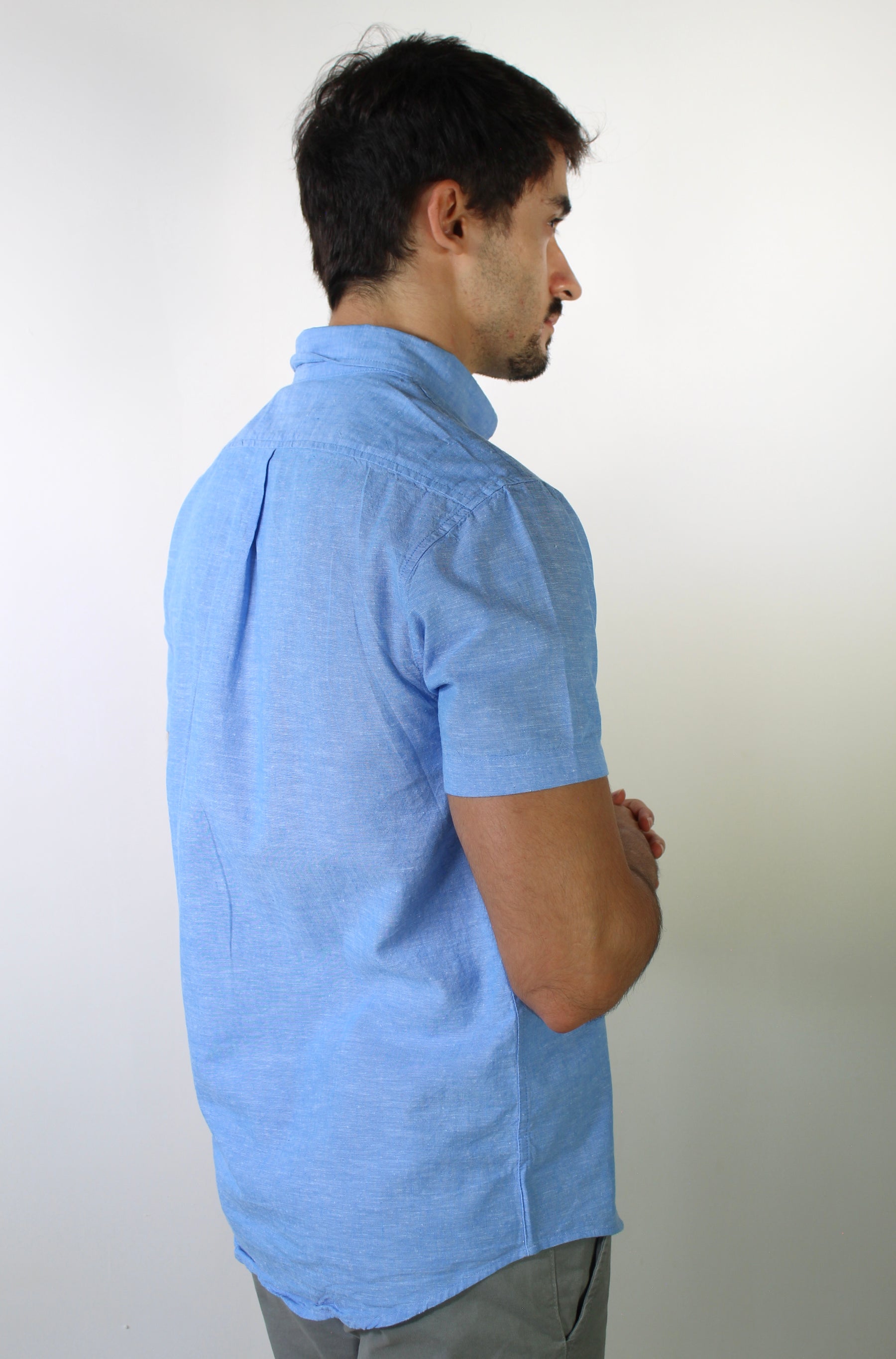 Camisa Manga Curta RL Linho - Azul Sky Small Pony Rosa