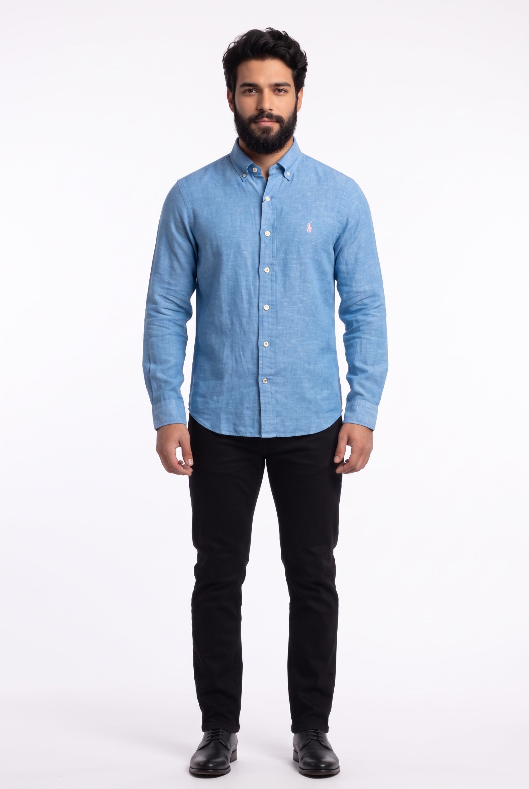 Camisa RL Longa Linho - Azul Celeste Small Pony Rosa