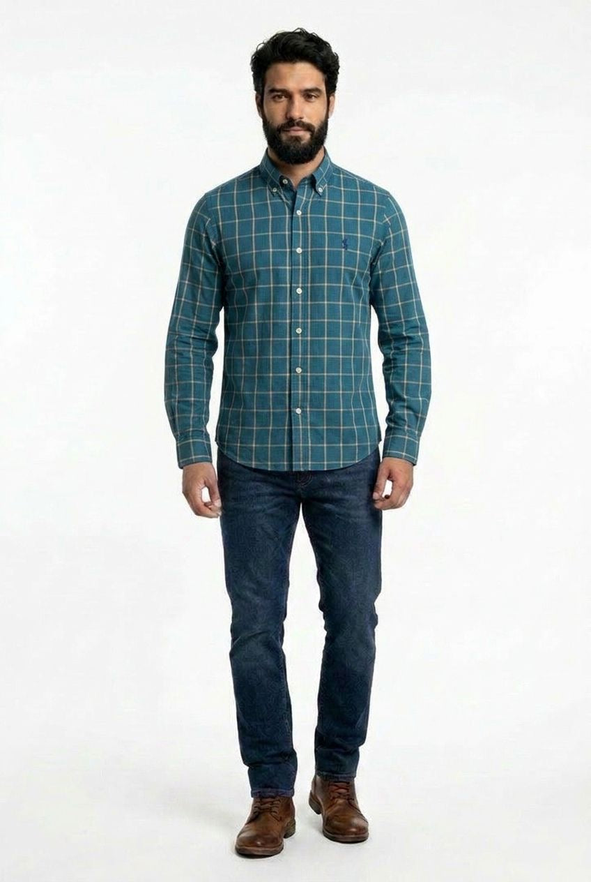 Camisa Social RL Manga - Xadrez Aspen Verde Petróleo
