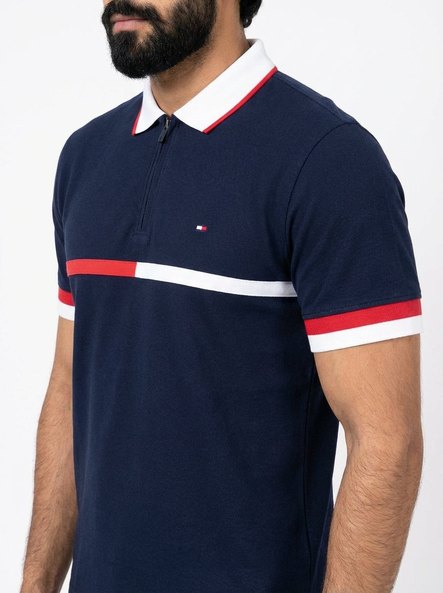 Camisa Gola Polo TH Stripe Zipper - Azul Marinho