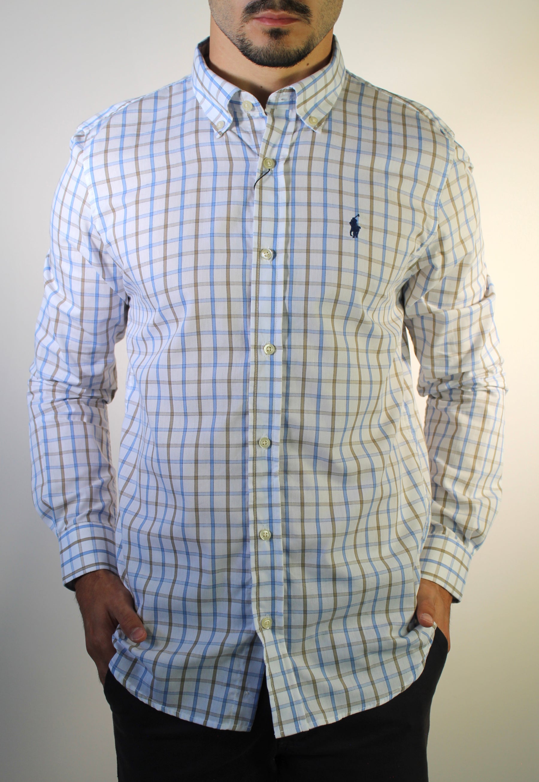 Camisa Social RL Manga Longa - Xadrez Azul e Bege