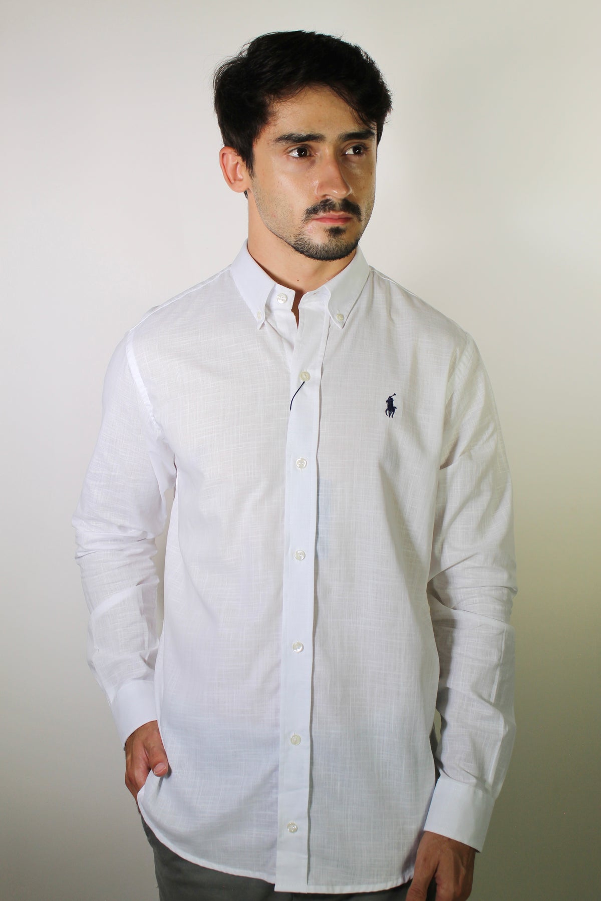 Camisa RL Manga Longa Linho - Branca Small Pony Azul Marinho