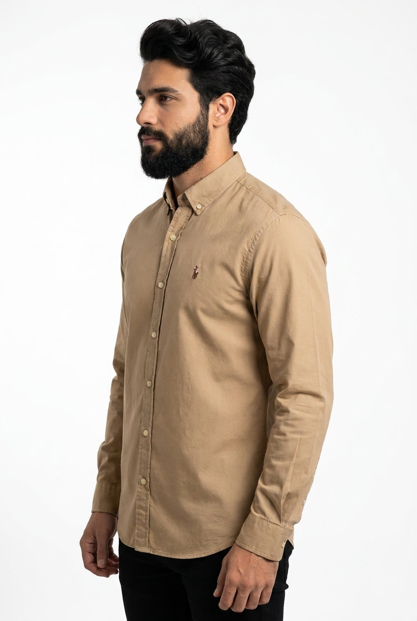 Camisa Social Lisa RL Manga Longa - Cáqui Small Pony Color