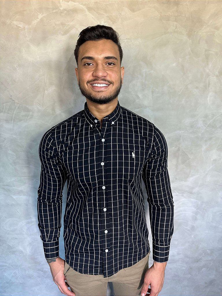 Camisa Social RL Manga Longa - Xadrez Preta