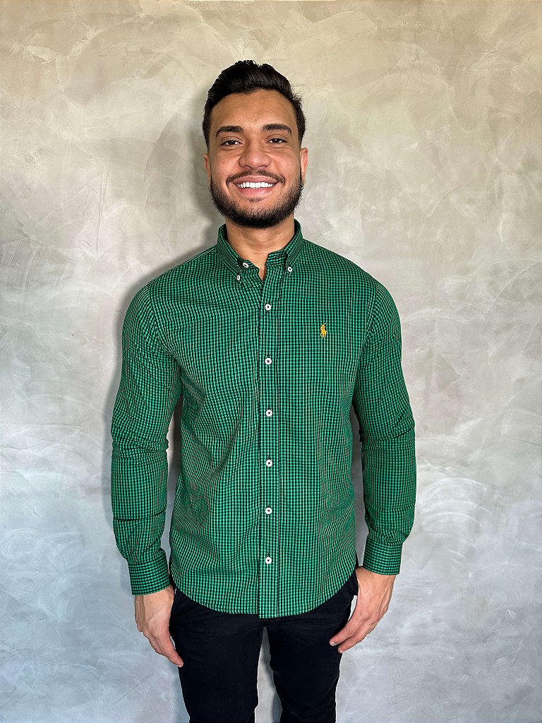 Camisa Social Microxadrez Ralph Lauren Manga Longa - Verde com Preto Small Pony Laranja