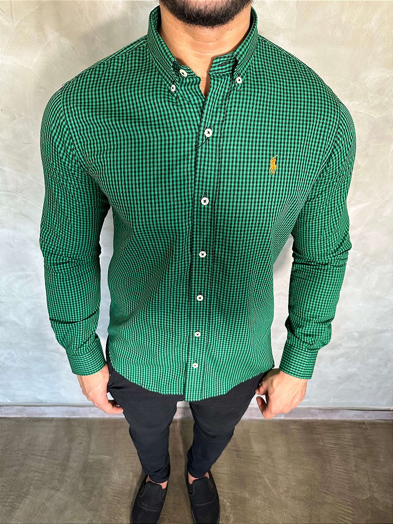 Camisa Social Microxadrez Ralph Lauren Manga Longa - Verde com Preto Small Pony Laranja