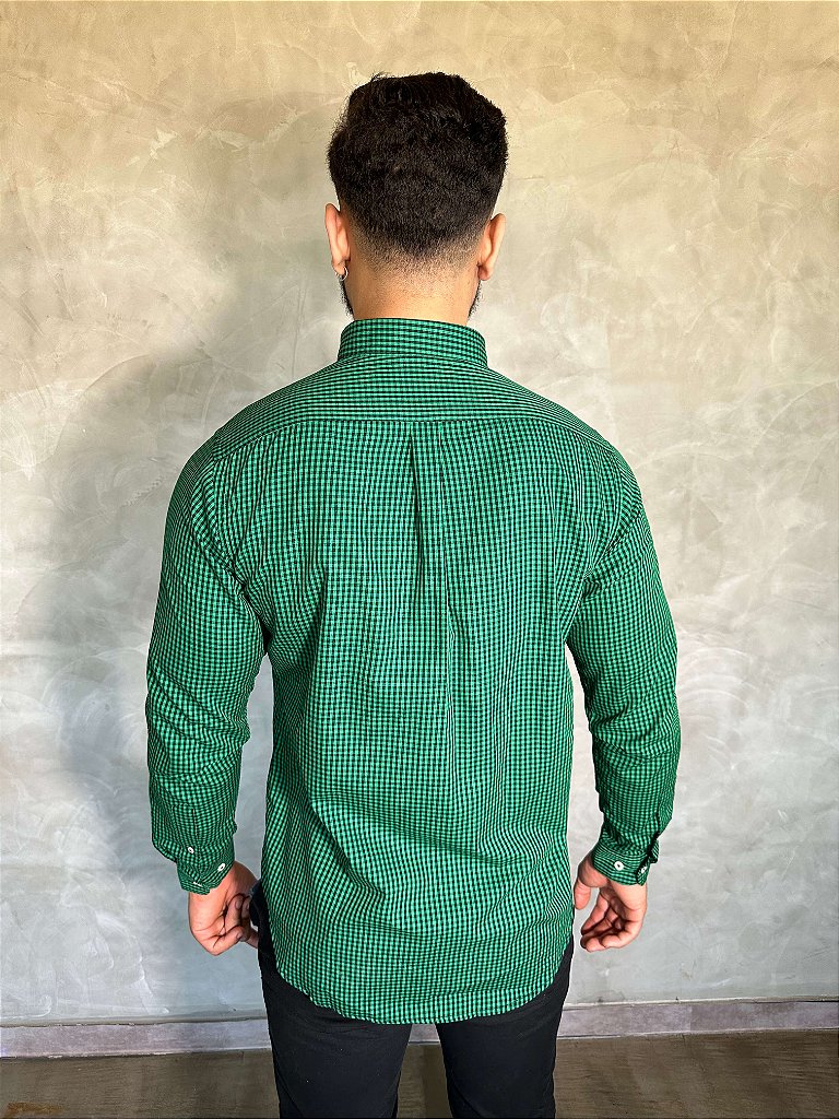 Camisa Social Microxadrez Ralph Lauren Manga Longa - Verde com Preto Small Pony Laranja