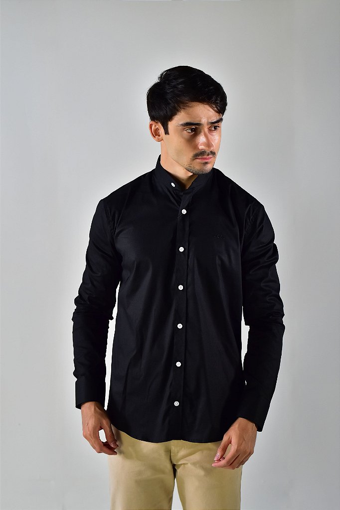 Camisa Social Manga Longa Boss Gola Padre - Preta