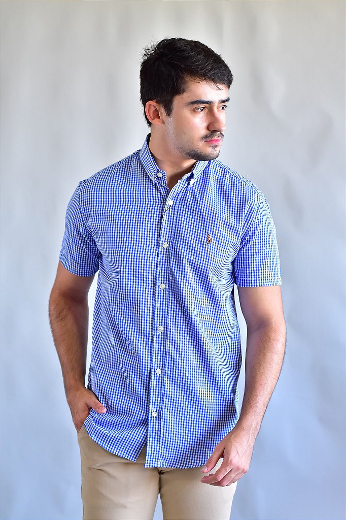 Camisa Manga Curta RL - Microxadrez Azul Small Pony Color