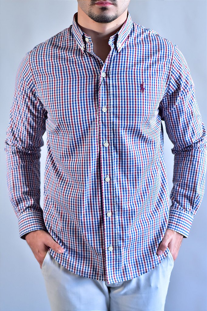 Camisa RL Manga Longa - Microxadrez Tricolor (Azul, Vermelho e Branco)