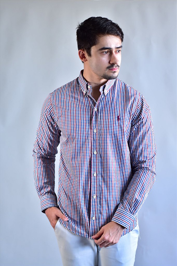 Camisa RL Manga Longa - Microxadrez Tricolor (Azul, Vermelho e Branco)