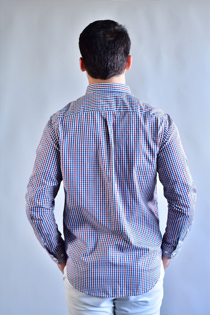Camisa RL Manga Longa - Microxadrez Tricolor (Azul, Vermelho e Branco)