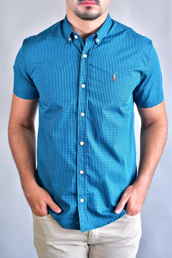 Camisa Manga Curta RL - Microxadrez Turquesa | Preto