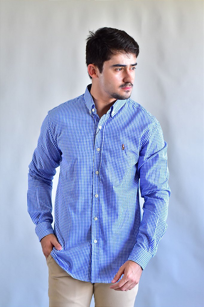 Camisa Social RL Manga Longa - Microxadrez Azul Small Pony Color